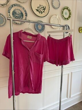 In My Sundays Pink Petal Short Sleeve Button Pajama Set - Women's Two-Piece